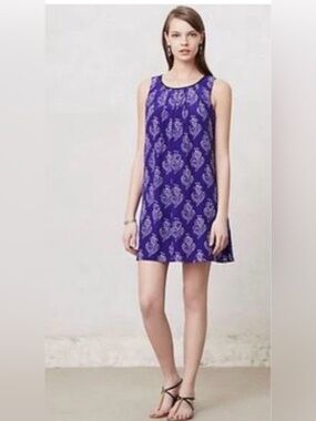 Anthropologie Maeve Petal Stamp Purple White Silk Tunic Dress Block Print S
